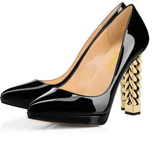 FSJ Gold Metal Chain Chunky High Heel Pointed Toe